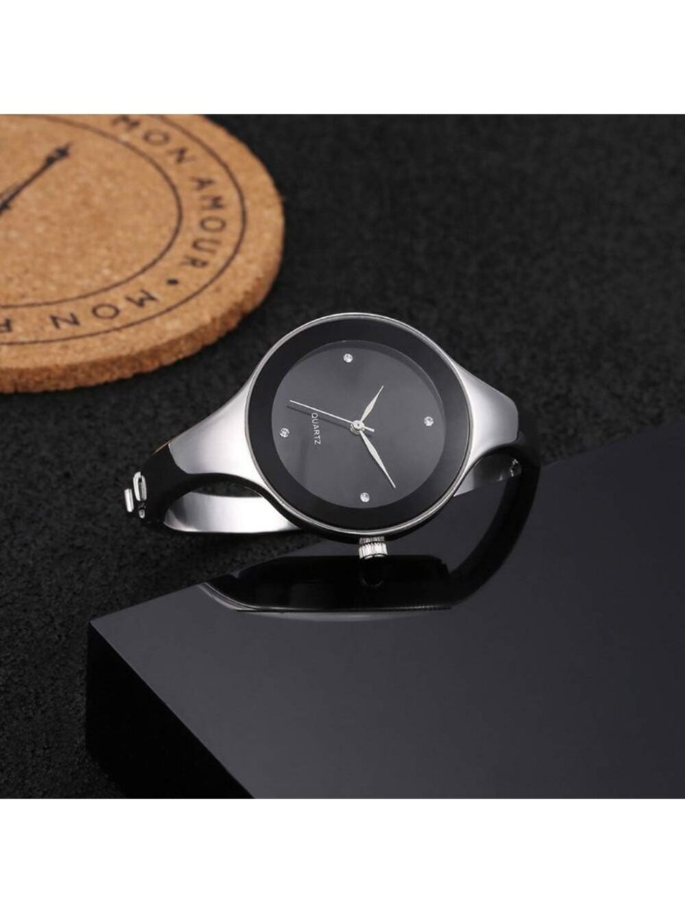 Women's Black Stainless Steel Bangle Quartz Analog Bracelet Stylish Wrist Watch - Picture 3 of 7